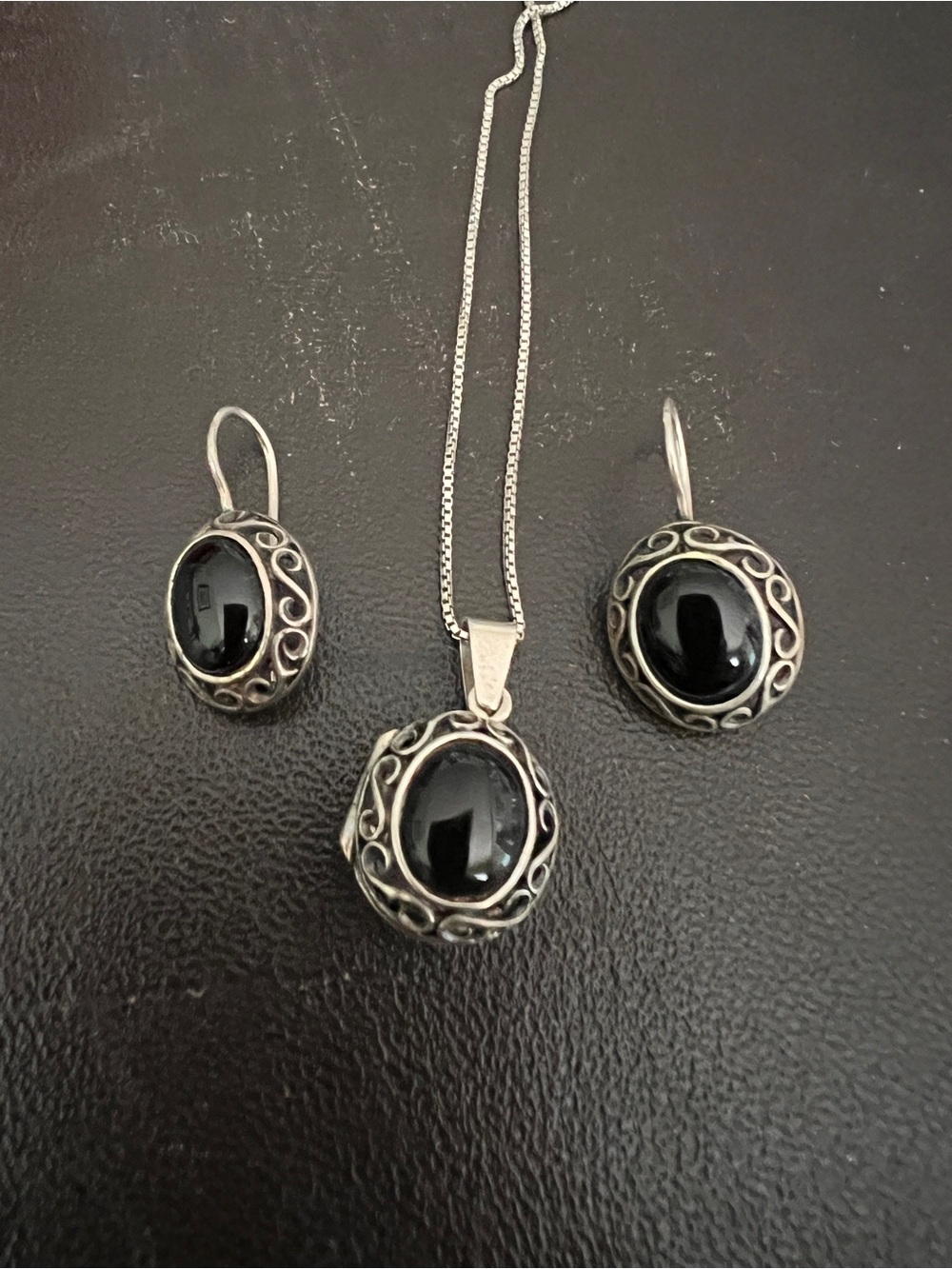 Sterling Silver Black Onyx Pendant locket and Earring Set